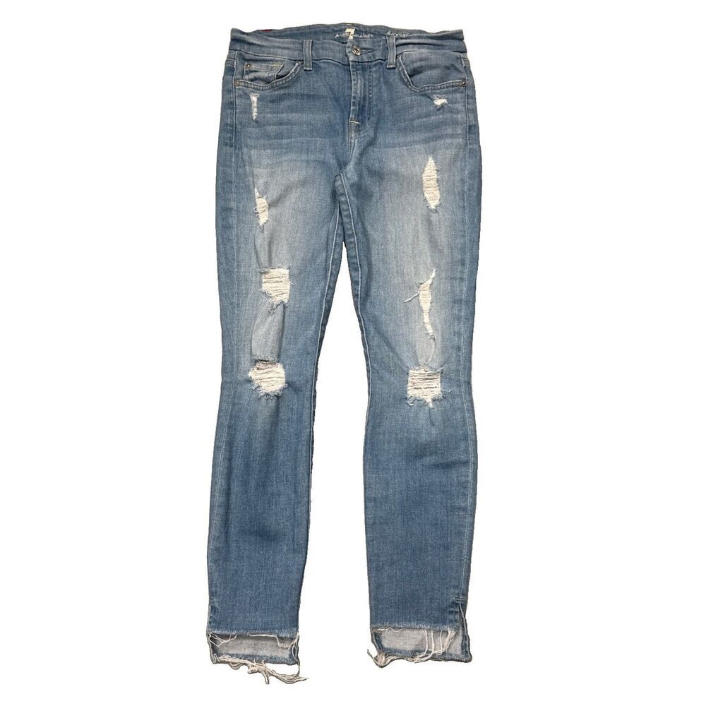 7 For All Mankind Ankle Skinny Jeans 28 (28x25.5) Blue Distressed Stretch Womens